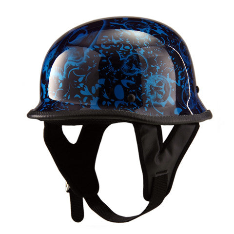 blue german style motorcycle helmet Rodia RHD103 German Motorcycle Helmet (Skull Boneyard Blue)